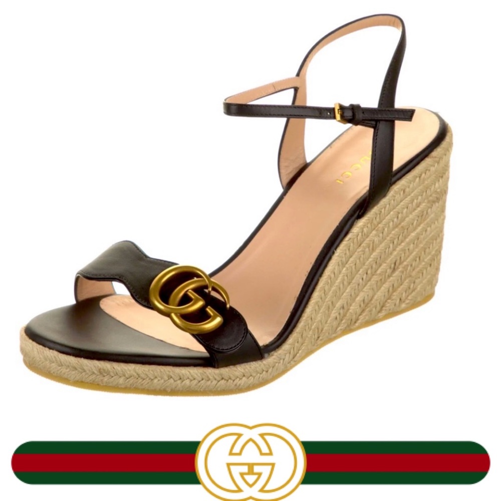 Gucci Black Leather Espadrille Wedge Sandals with Gold Double G